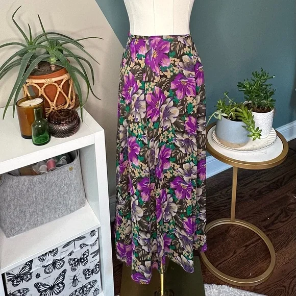 Dana Buchman 100% Silk Vintage Bias-Cut Floral Midi Skirt Size 4 Y2K Late 90s - Picture 2 of 12
